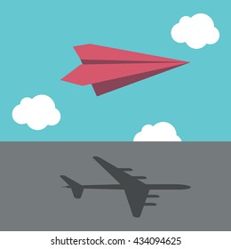 Red Paper Plane Casting Shadow Of Big Real Airliner. Business Success, Vision, Ambition, Motivation And Dream Concept. EPS 8 Vector Illustration, No Transparency