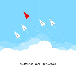 The red paper plane changes direction from white to a new business concept that differentiates leadership