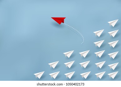 Red paper plane changing direction from white. New ideas. Different business concepts. Courage to risk. leadership. Vector illustrations