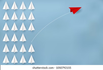 Red paper plane changing direction from white. New ideas. Different business concepts. Courage to risk. leadership. Vector illustrations