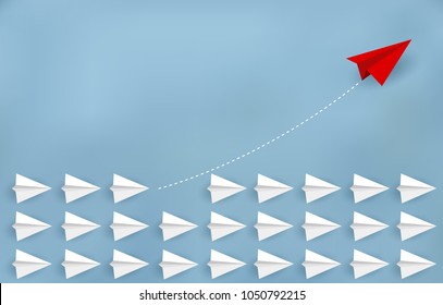 Red paper plane changing direction from white. New ideas. Different business concepts. Courage to risk. leadership. Vector illustrations