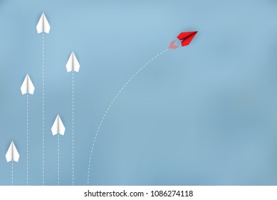 Red paper plane changing direction from white. new ideas. different business concept. courage to risk. leadership. Vector illustrations