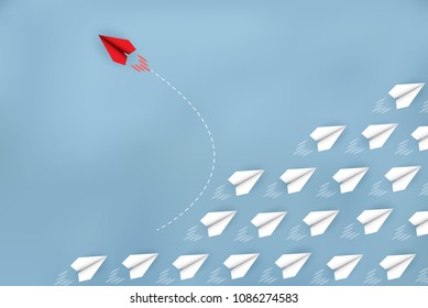 Red paper plane changing direction from white. new ideas. different business concept. courage to risk. leadership. Vector illustrations