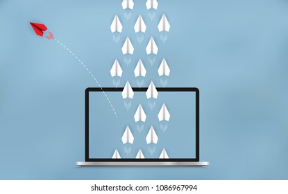 Red paper plane changing direction from white. launch outside notebook screen. Business Financial concept are competing for success and corporate goal. start up. Vector illustration