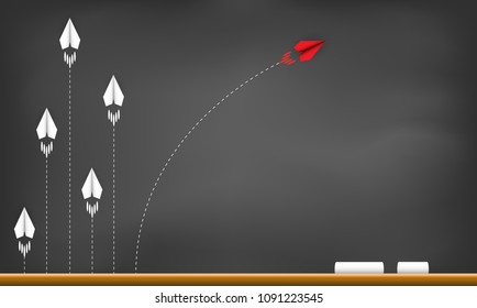 Red paper plane changing direction from white. on blackboard background. creative idea. different business concepts. courage to risk. leadership. vector illustration