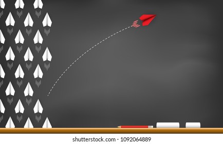 Red paper plane changing direction from white. drawing on blackboard background. new idea. different business concept. courage to risk. leadership. Vector illustration