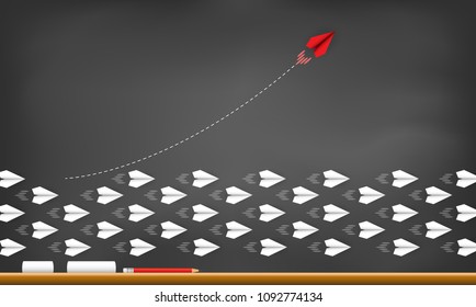 Red paper plane changing direction from white. drawing on blackboard background. new idea. different business concept. courage to risk. leadership. Vector illustration
