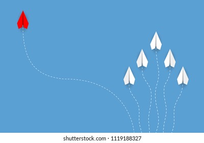 Red paper plane changing direction from white. new idea. different business concepts. courage to risk. leadership. Vector illustrations