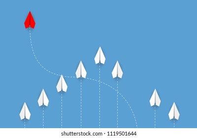 Red paper plane changing direction from white. New ideas. Different business concepts. Courage to risk. leadership. Vector illustrations