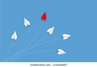 Red paper plane changing direction from white. new idea. different business concept. courage to risk. leadership. vector illustration