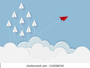 Red paper plane changing direction from white. New ideas. Different business concepts. Courage to risk. leadership. Vector illustrations