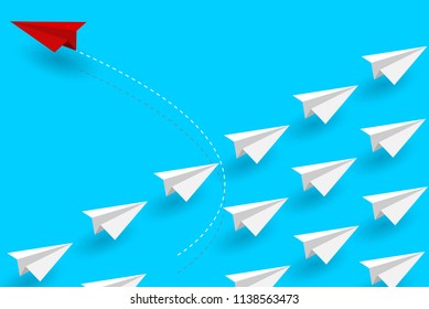 Red paper plane changing direction from white. New idea. Different business concept. Courage to risk. leadership. on background blue. Vector illustration