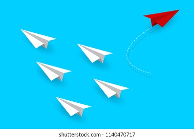 Red paper plane changing direction from white. New idea. Different business concept. courage to risk. leadership. creative. Vector illustration