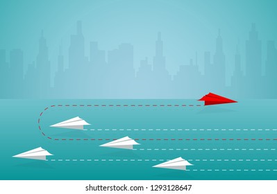 Red paper plane changing direction from white. new idea. different business concept. courage to risk. leadership. on background blue. illustration cartoon vector