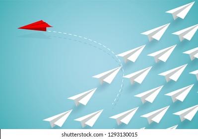 Red paper plane changing direction from white. new idea. different business concept. courage to risk. leadership. on background blue. illustration cartoon vector