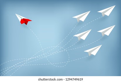 Red paper plane changing direction from white. new idea. different business concept. courage to risk. leadership. on background blue. illustration cartoon vector