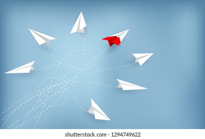 Red paper plane changing direction from white. new idea. different business concept. courage to risk. leadership. on background blue. illustration cartoon vector