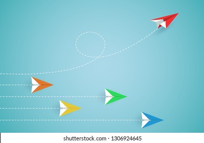 Red paper plane changing direction from paper airplane colourful. new idea. Different business concept. courage to risk. leadership. illustration cartoon vector