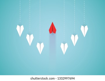 Red paper plane changing direction from white. new idea. different business concept. courage to risk. leadership. on background blue. illustration cartoon vector