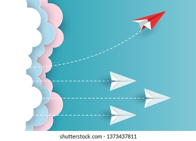 Red paper plane changing direction from white up to the sky. new idea. different business concepts. Courage to risk. leadership. illustration cartoon vector