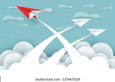 Red paper plane changing direction from white up to the sky. new idea. different business concepts. Courage to risk. leadership. illustration cartoon vector