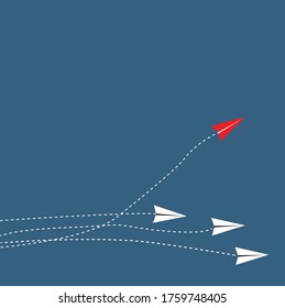 Red paper plane changing direction from white. New ideas. Different business concepts. Courage to risk. leadership. Vector illustrations