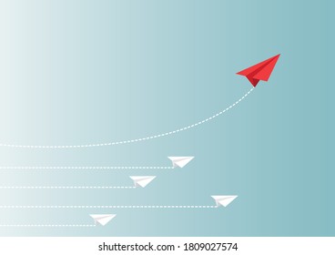 Red paper plane changing direction from white. Different business ideas dare to take risks leadership. Vector illustration