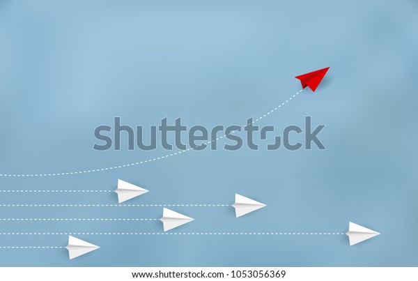 Red paper plane changing direction from\
white. New ideas. Different business concepts. Courage to risk.\
leadership. Vector\
illustrations