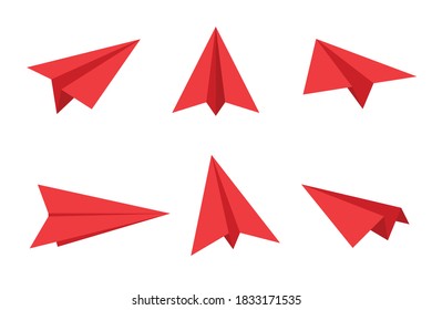 Red paper plane in different positions. Handmade paper airplane illustration isolated on white. Travel symbol