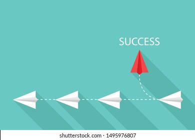 Red paper plane is different from the white paper plane. Business and finance background. The road to success. Different thinking concepts. Copy-space for text. Vector illustration in flat design.