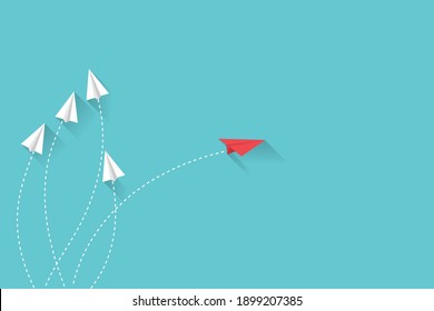 Red paper plane is different from the white paper plane. business and leadership concept. airplane change direction. vector illustration in flat style modern design. copy space for text input.