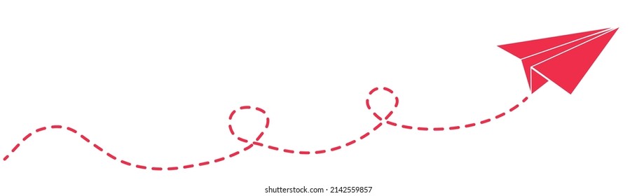 Red paper plane with dotted line isolated on white background. Origami paper airplane. Travel symbol, vector illustration.