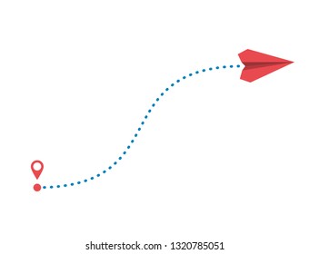 Red paper plane and its dotted path isolated on white background. Vector illustration.