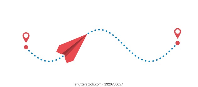 Red paper plane and its dotted path isolated on white background. Vector illustration.