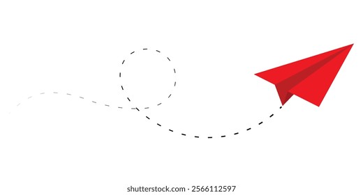 Red paper plane with dotted trail on white background. Minimalist graphic perfect for travel, business presentations, and creative concepts. Ideal for branding and communication designs.