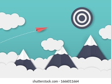 Un avión de papel rojo vuela para encontrar blancos llenos de nubes, montañas.