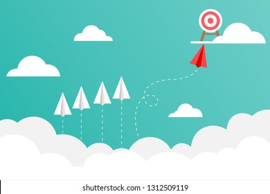 The red paper plane flies to the target on the cloud. Business concepts about good work vision. Creativity and difference make quick success.
Vector illustrations in flat design.