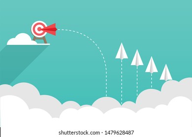 The red paper plane flies to the target on the cloud background. Business concepts about good work vision. Creativity and difference make quick success. Vector illustrations in flat design.