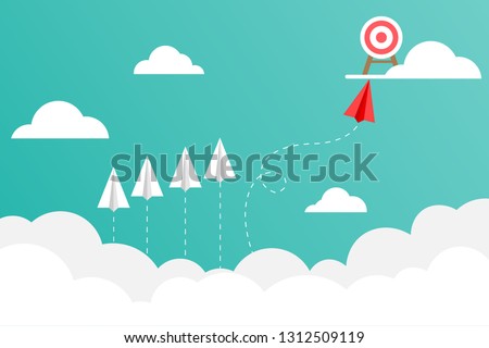 The red paper plane flies to the target on the cloud. Business concepts about good work vision. Creativity and difference make quick success.
Vector illustrations in flat design.