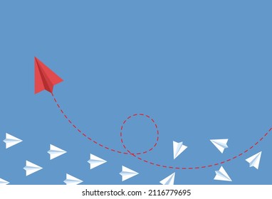 Red Paper plane fly in the opposite direction of the white. Leadership does new things against others. New ideas business concepts. Vector illustrations flat design for banner, and poster.