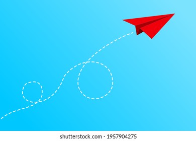 Red paper plane flying. Concepts: the way forward, unique, innovation, start-up company, business, growth, travel, freedom, dream, idea, creativity.