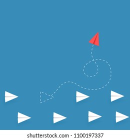 Red paper plane flying different way from white paper planes on blue background. Think different. Business poster concept. Vector illustration 