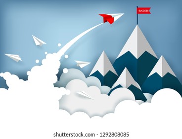 red paper plane are flying to the red flag target on mountains while flying above a cloud. business finance success. leadership. creative idea. startup. illustration cartoon vector