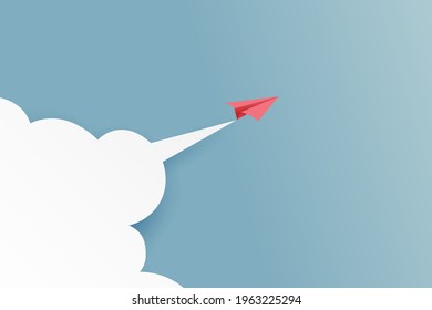 Red paper plane flying on cloudy blue sky. Paper art style of business success and leadership creative concept idea. Vector illustration.