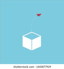 The red paper plane flying out of the box, think difference creative background.