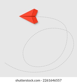 Red paper plane flying. Route of aircraft in form of dotted line. Be yourself, think differently concept. Going out of line, innovation, unique, leadership, new idea. Travel concept. Vector