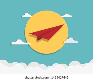 A red paper plane flying in the sky with clouds and sun. Business financial concept, Leadership, Creative idea, startup, Vector illustration