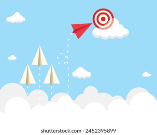 red paper plane flying towards the target above the clouds,concept of different business ideas will lead to quick success,take different paths to achieve the goal.