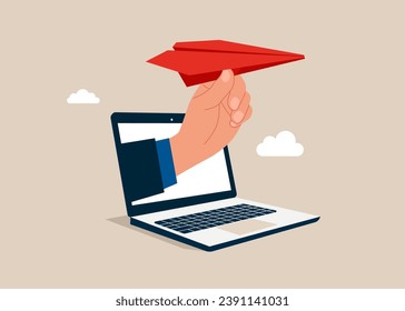 Red paper plane in hand.  Business, flight, delivery, travelling. Flat vector illustration