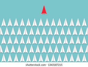 Red paper plane heading of white planes, business leadership concept vector illustration